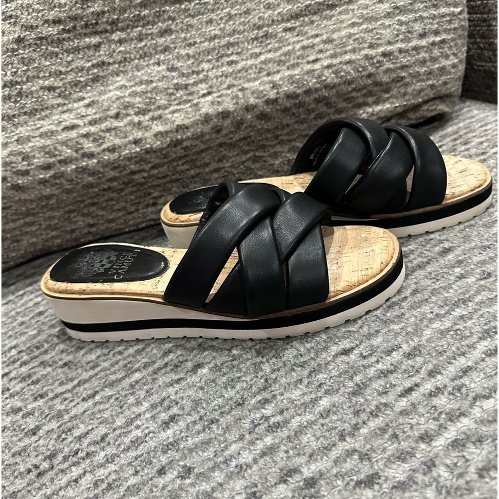 Vince Camuto black leather braided slides/sandals with cork soles and soft soles - Picture 3 of 8